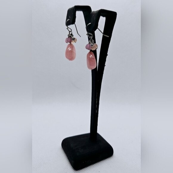 Rose Quartz Cluster Silvertone Earrings - Picture 3 of 6